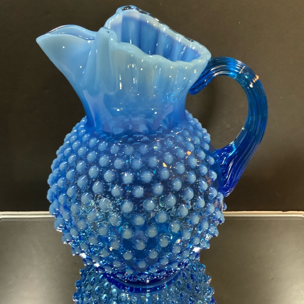 Vintage Fenton Pitcher Sapphire Blue Hobnail Opalescent Ice Lip Glass #63